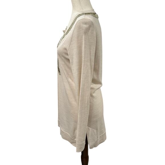 Tory Burch 100% Merino Wool V Neck Sweater with Beaded Neckline Size M EUC - Picture 3 of 5